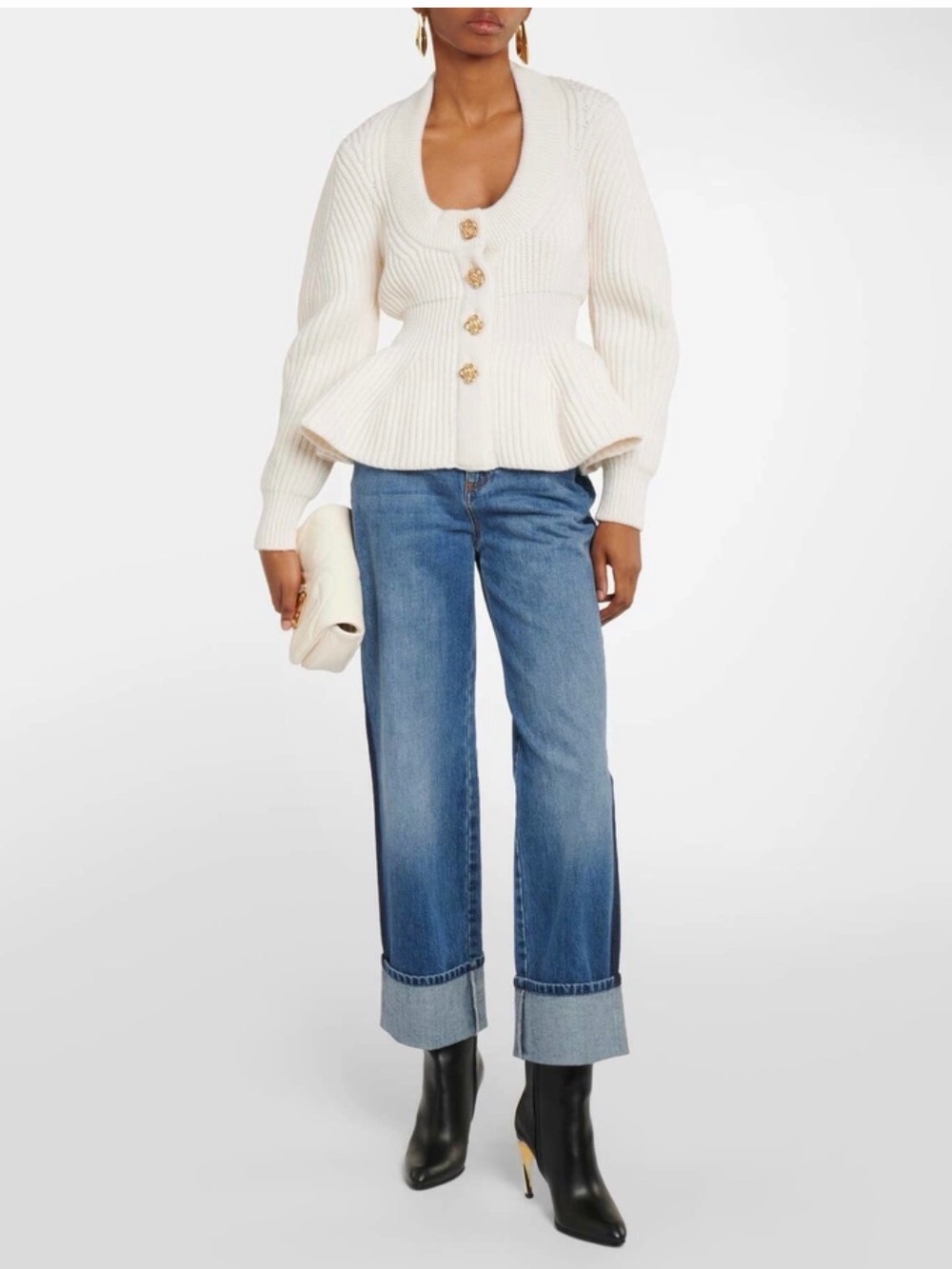 Alexander McQueen Cream Ribbed Peplum Cashmere Cardigan with Gold Buttons - Picture 3 of 7